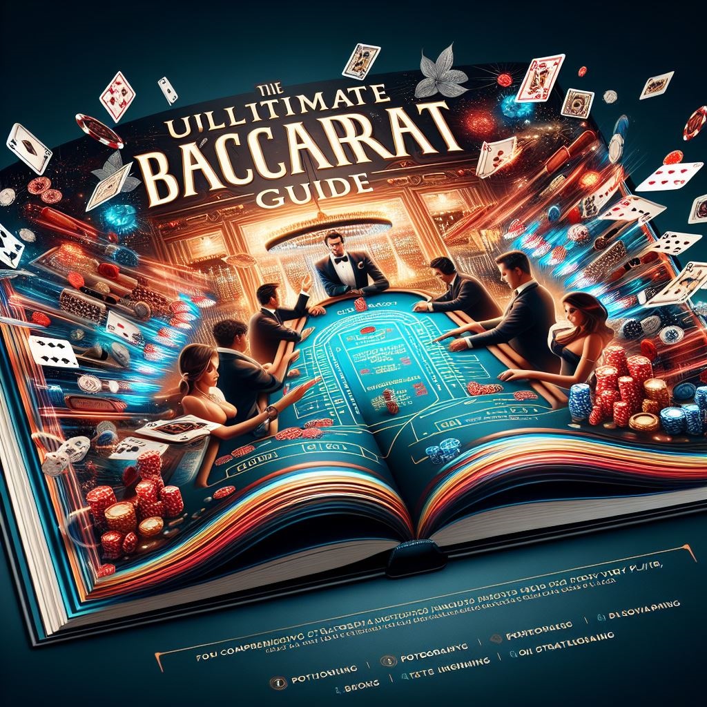 An image depicting a baccarat table with cards being dealt by a dealer, surrounded by graphics representing strategies and tips for winning at Baccarat Guide.