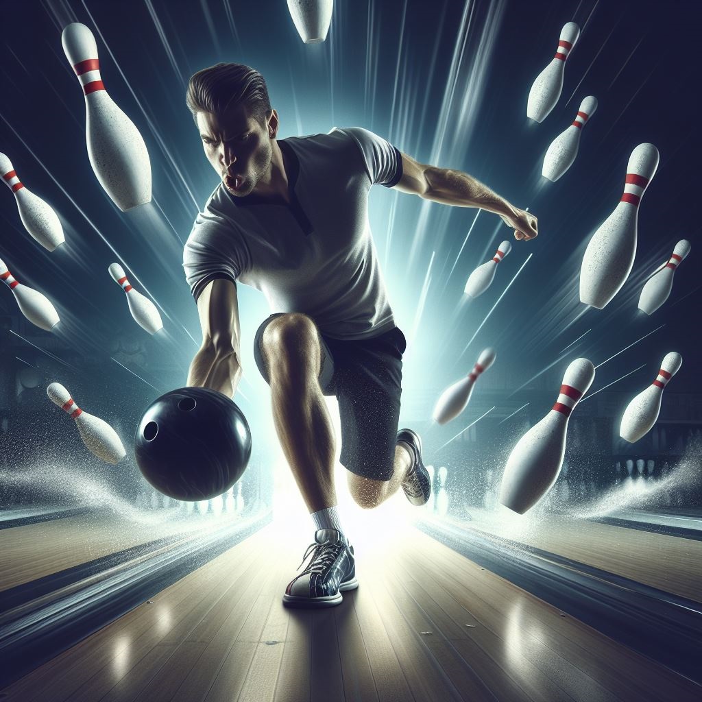 A bowler releasing a powerful shot down the lane, symbolizing precision and power in bowling mastery.
