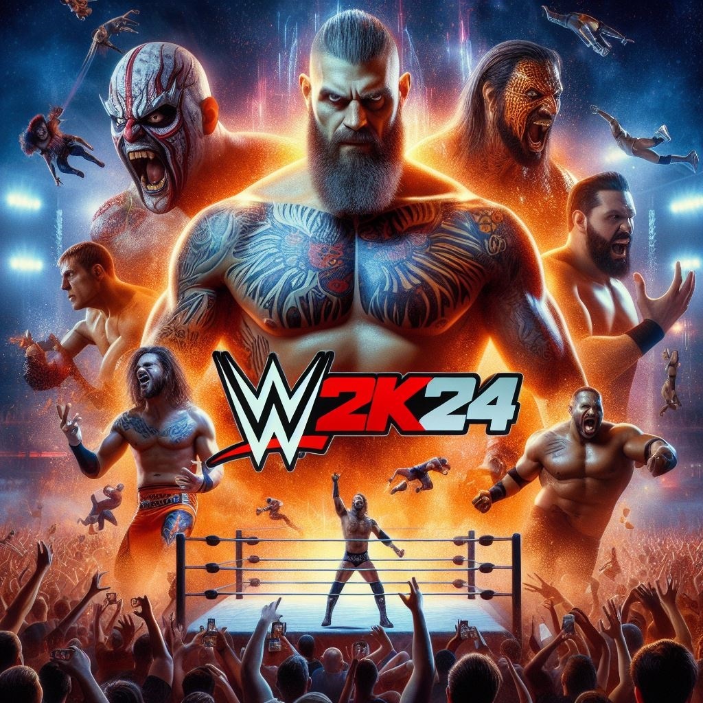 An electrifying WWE 2K24 match in progress, showcasing the game's stunning graphics and immersive gameplay, as two wrestlers clash in the ring amidst a roaring crowd.